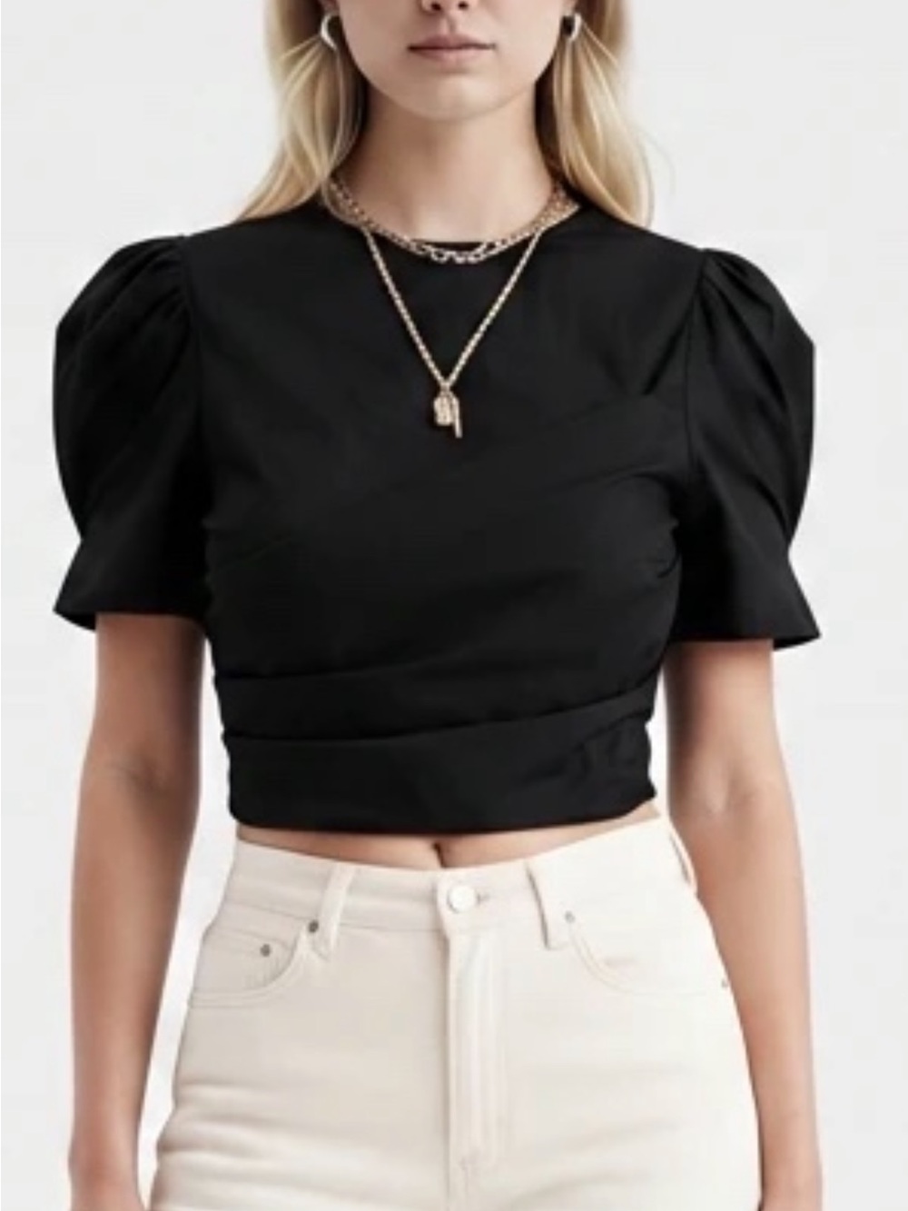 Black Puff Sleeve Open Tie Back Blouse
